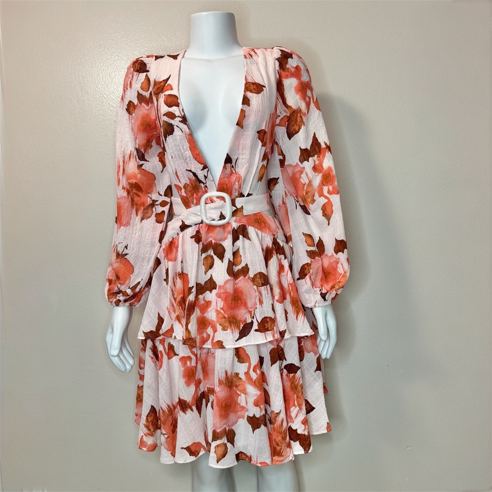 Orange pink long sleeve crisscross back cutout deep V-neck mini dress